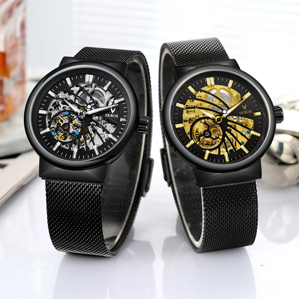 

SKROX Genuine Brand Luminous Automatic Movement Man Watch Steel Skeleton Mechanical Wrist Watches High-End Luxury Fashion Clock