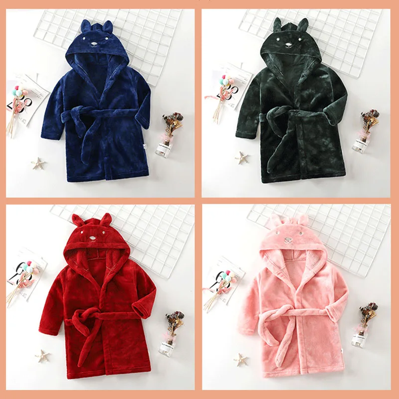 Children Hooded Bathrobe Kids Flannel Thicken Bath Robes Autumn Winter Cartoon Rabbit Sleepwear for Boys Girls 90-170cm