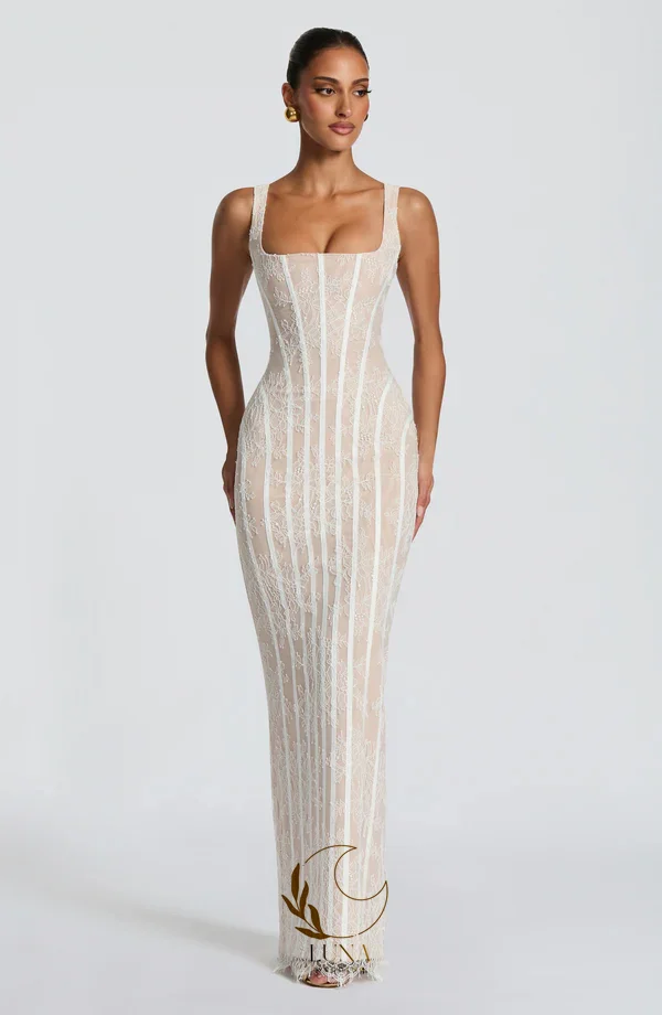 Luna Customized Sheath Lace Wedding Dresses Sleeveless Square Collar Floor-Length Bridal Gown Vestidos De Novia Corset Back