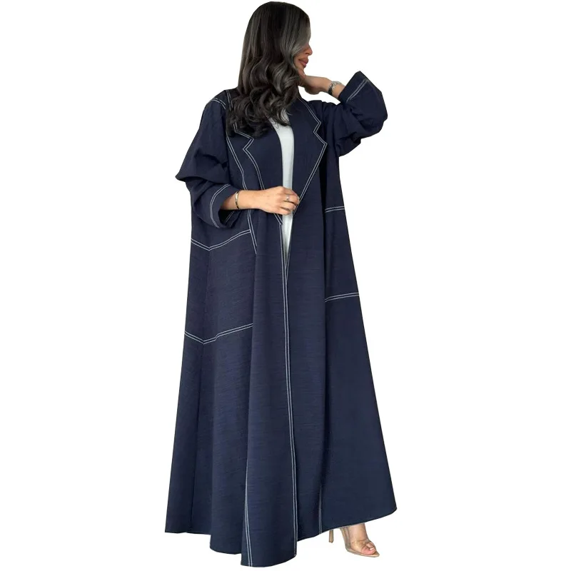 2024 New Islamic Ladies Fashion Long Sleeve Navy Blue Open Abaya Dress Dubai Turkey Long Dress for Women Muslim Dress