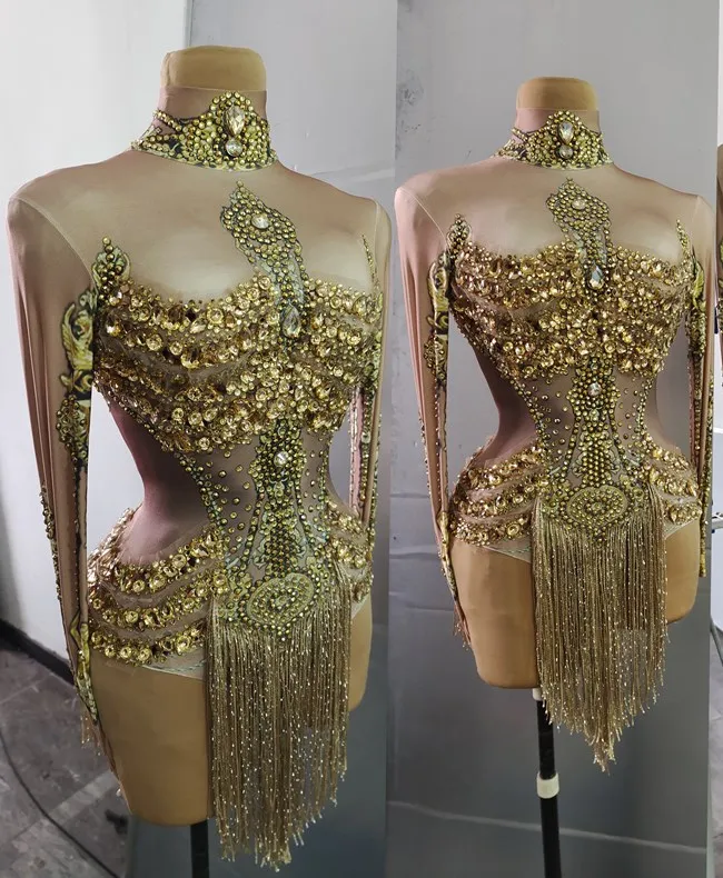 Golden Rhinestone High Neck Slim Waist Bodysuit Female Singer Dance Performance Costume Tassel Latin Jazz Stage Wear Sexy Women