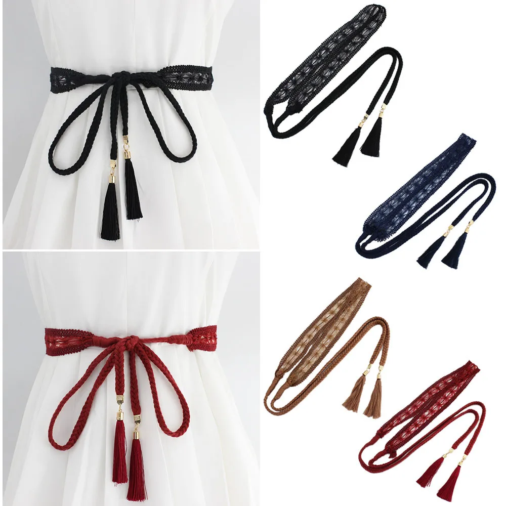 

Knitted Waist Belt Knot Dress Decoration Waistbands Braided Thin Waist Rope Woven Tassel Belt Lace Cotton Thread Waist Chain