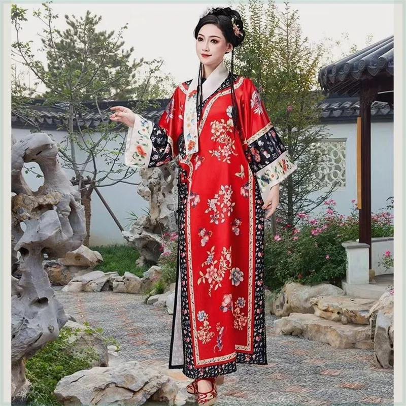 Qing Dynasty Hanfu Woman Robe Vintage Flower Pattern Printing Chinese Style Cheongsam Palace Gown Qipao Dress Stage Performance