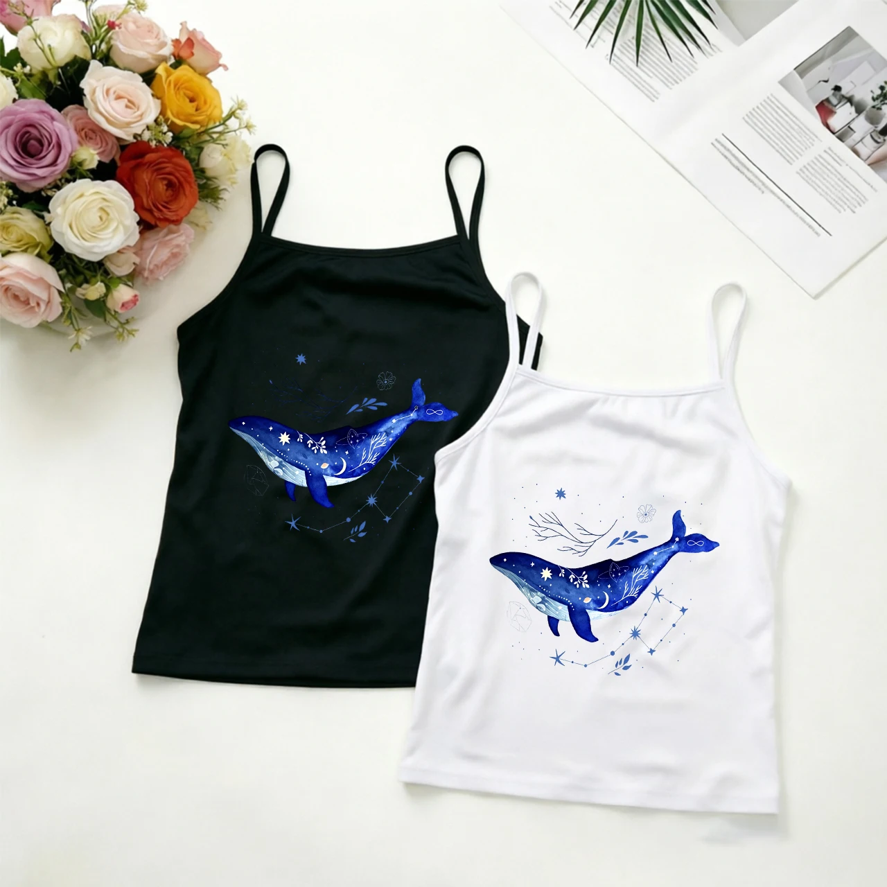 Whale Graphic Cami Women Summer Top Sleeveless Crop Tank White Black Celestial Starry Night Blue Whale Sea Animal Print Y2K