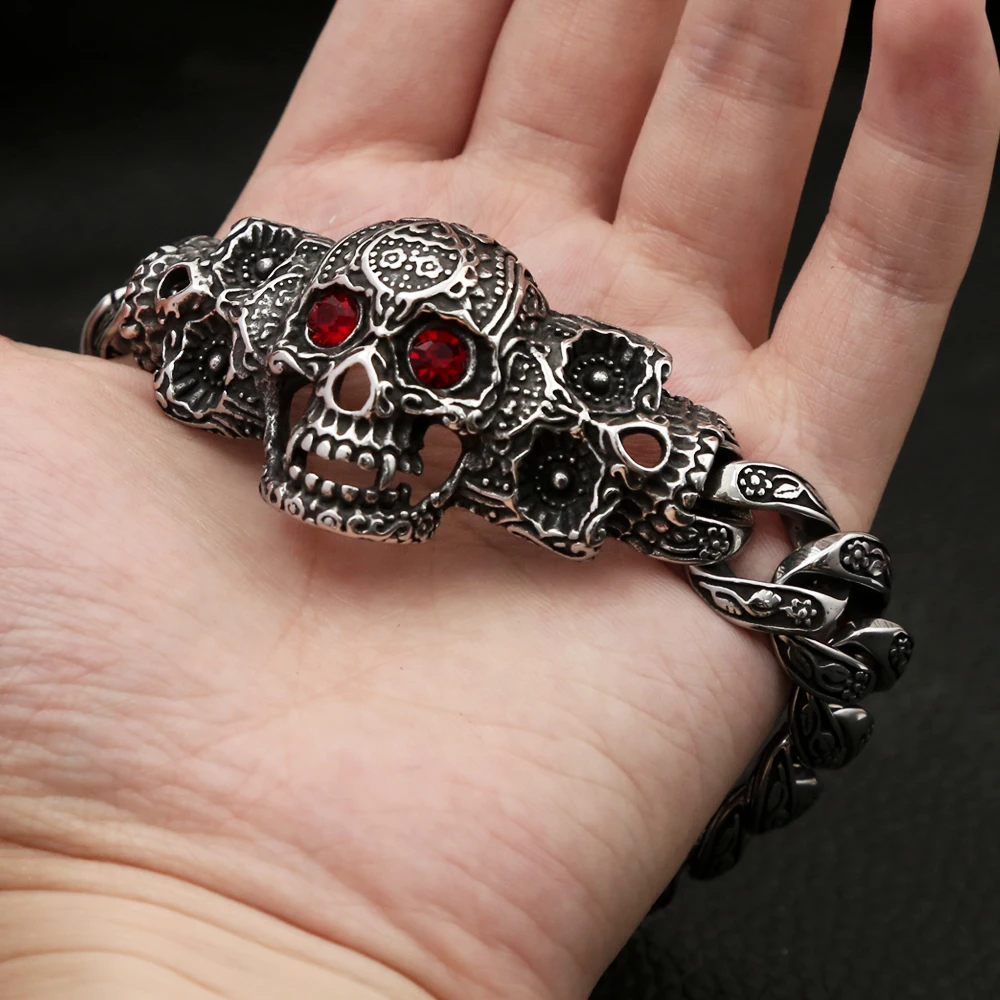 Vintage Domineering 316L Stainless Steel Skull Bracelet With Red Stone Eyes Bangles Punk Hip Hop High Quality Jewelry Wholesale