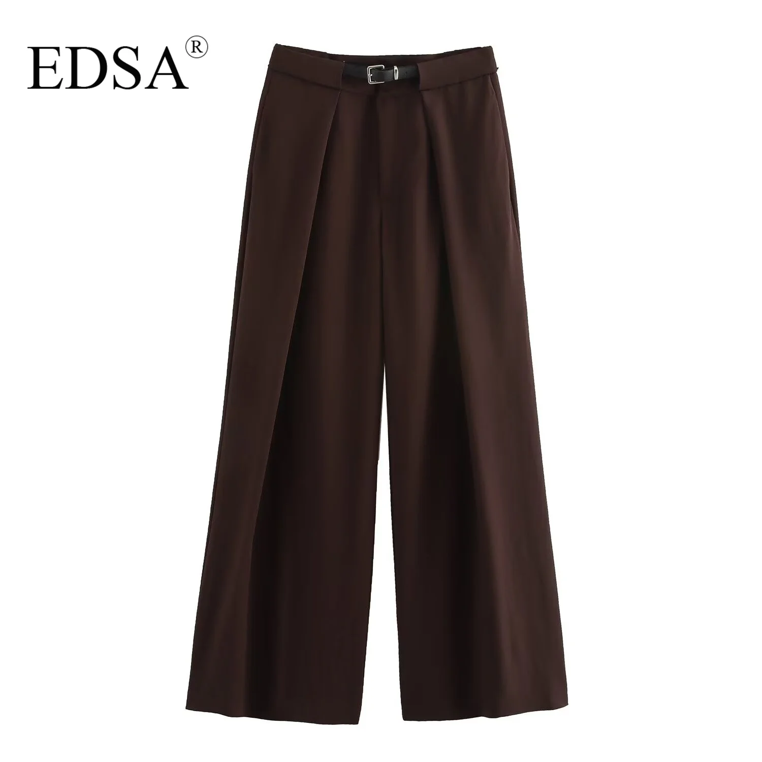 EDSA Women Elegant Pleated Trousers with Belt High Waist for Office Lady Straight Long Pants