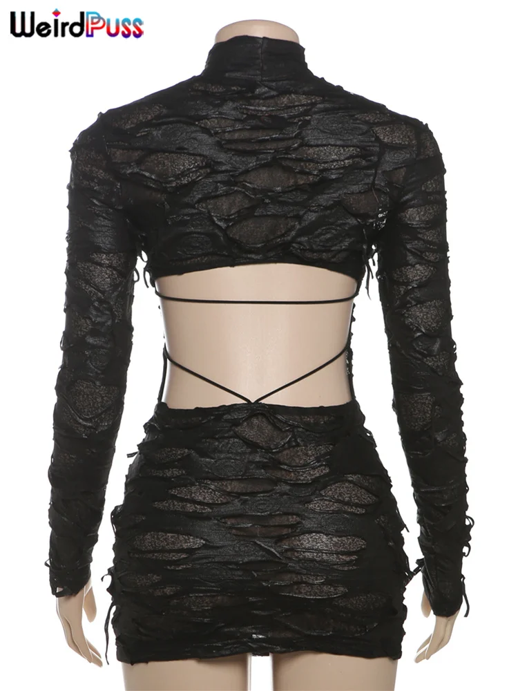 แปลก Puss ทําลายสไตล์ผู้หญิงฤดูใบไม้ร่วงแนวโน้มคอเต่า Backless ดูผ่านแขนยาวผอมยืดมินิ Bodycon