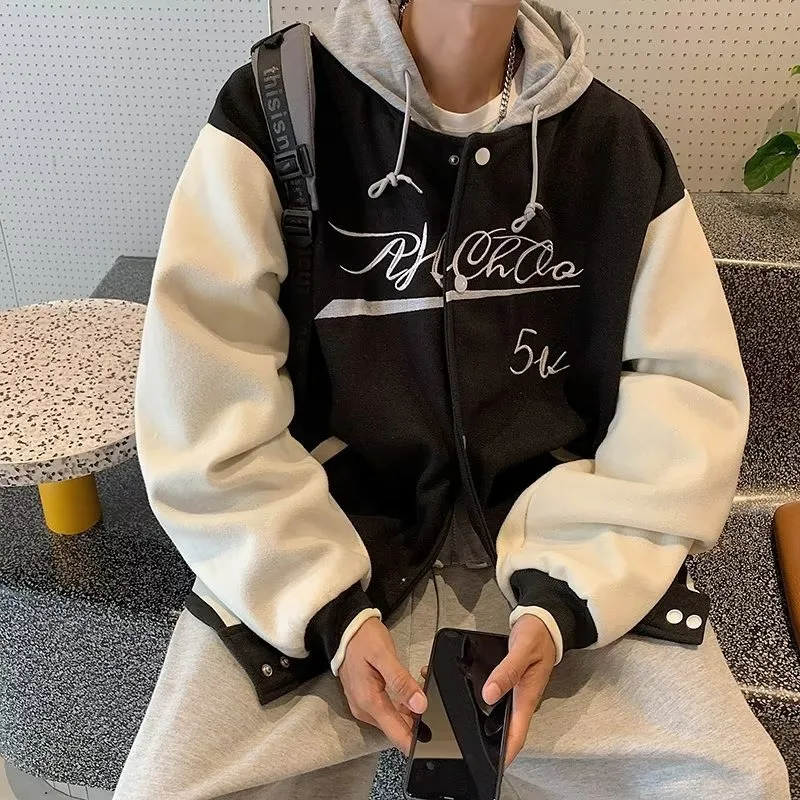 

Autumn Winter Men's ort Baseball Jaet Thin American Sle Streetwear Fake Two-Piece 250 Pou Large Size Youth Faion