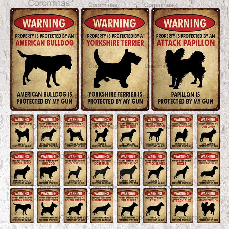 Corominas Decor Dog Warning Vintage Tin Sign Metal Sign Lover Protected Pet Sign Bulldog Farm Home Kennel Doghouse 3D Decoration