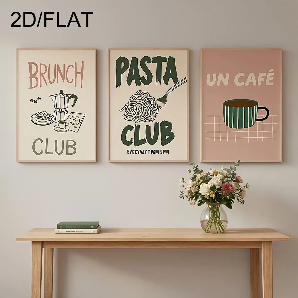 （NoFrame 3PCS）-2D Flat, 2D Flat, 2D/FLAT, Italian Coffee Theme Wall Art Set (3pcs), Modern Green Pink Soft Tones Canvas Poste