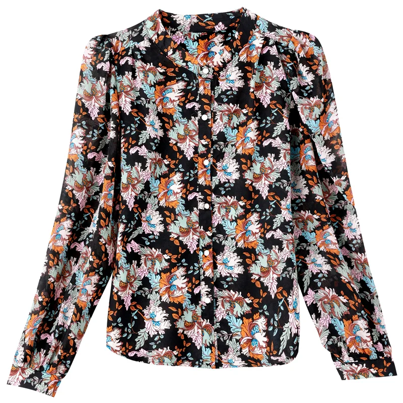 2024 Spring New Fashion Floral Chiffon Temperament Patchwork Half Height Collar Long Sleeve Blouse Printing Loose Elegant Tops