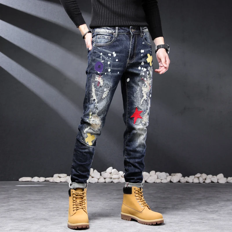 Street Fashion Men Jeans Retro Dark Blue Elastic Stretch Slim Ripped Jeans Men Embroidery Patched Designer Hip Hop Pants Hombre