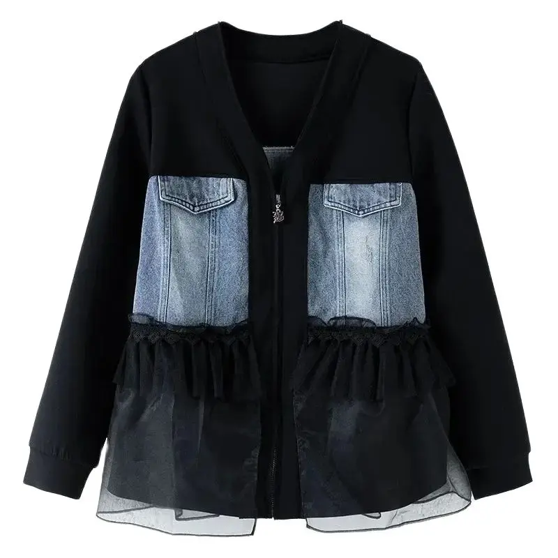 Spring Autumn Short Denim Join Together Coat Women 2024 New Fashion Loose Casual Jacket Black Gauze Temperament Outerwear Female