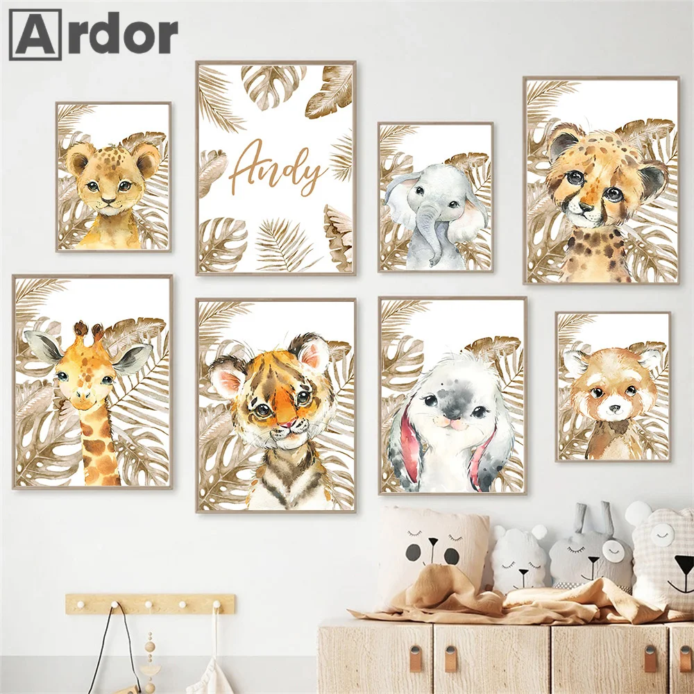 

Custom Name Posters Jungle Animal Lion Elephant Giraffe Zebra Nursery Wall Art Prints Canvas Painting Pictures Kids Room Decor