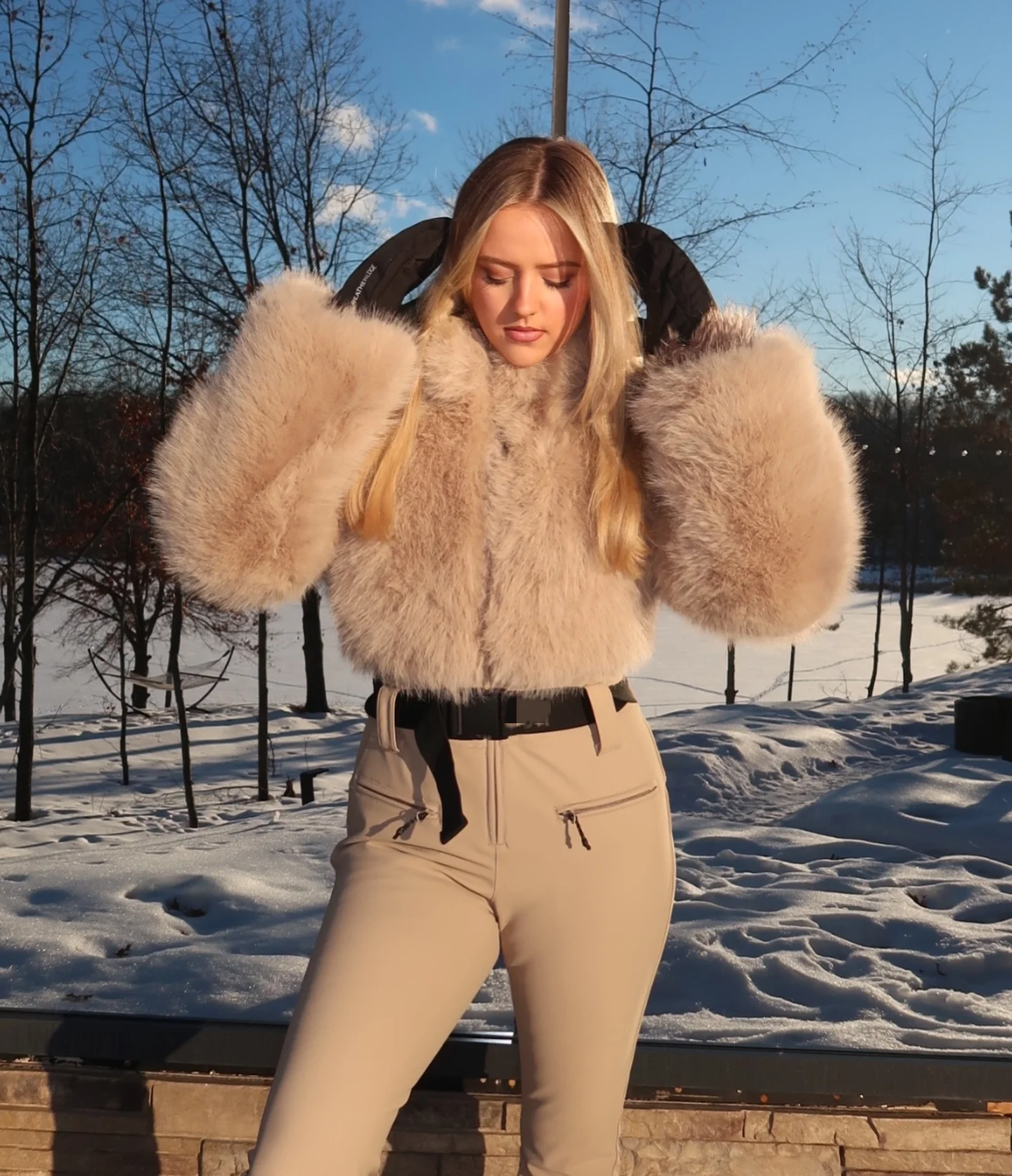 Women One Piece Ski Suit Waterproof Windproof Slim Fit Beige Snow Jumpsuit Belted Zipper Pocket Warm Cozy Snowboard Ski Overalls