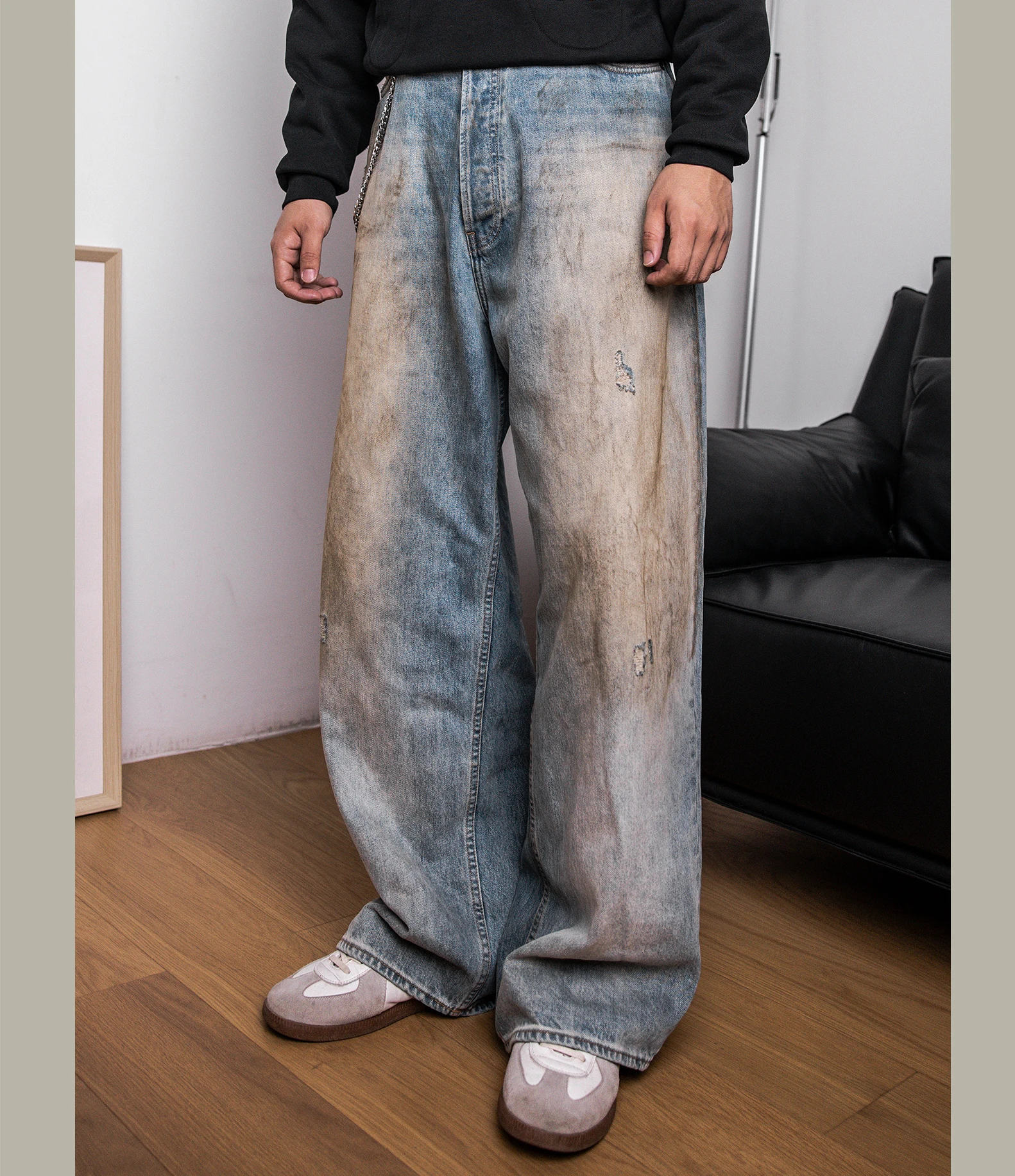 

AC2023-0001 Красный Торнадо с высокой талией, хорошее качество, потертые свободные джинсовые брюки, 100% хлопок, тяжелые толстые джинсы, 14 унций