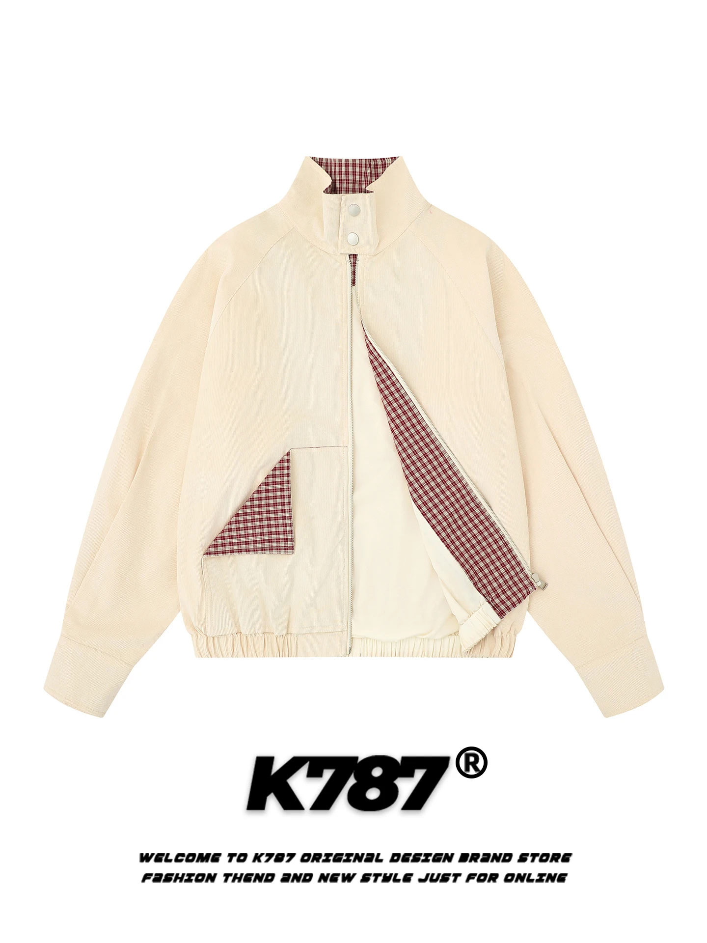 

K787 American Retro Red Plaid Stand Collar Jacket Loose Casual Trendy Brand Cleanfit Couple Outerwear Unisex Spring Cotton