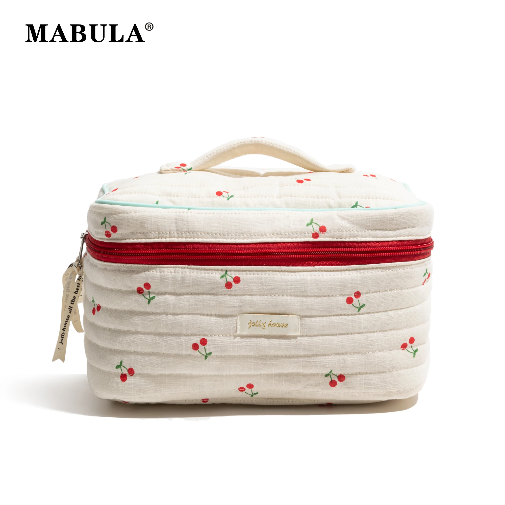 

MABULU Cotton Fabric Cherry Pattern Multifunctional Makeup Bag Various Size Lightweight Portable Travel Toiletry Kit Zipper Lid