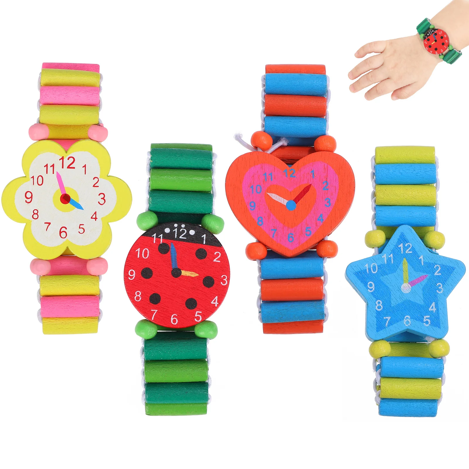 Montre de dessin animé en bois, 4 pièces, pour jeu de simulation créatif, bracelet d'apprentissage, horloge éducative, cadeau amusant pour le jeu