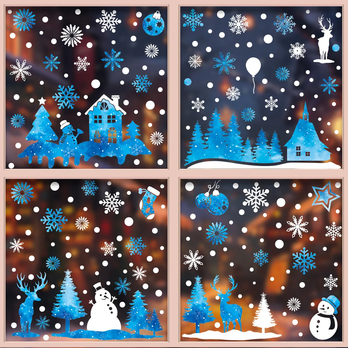 Weihnachtsdekoration, Fensteraufkleber, blauer Lebkuchenmann, hängende Kugel, Schneeflocke, Weihnachten, dekorative Aufkleber für Glastür, Fenster