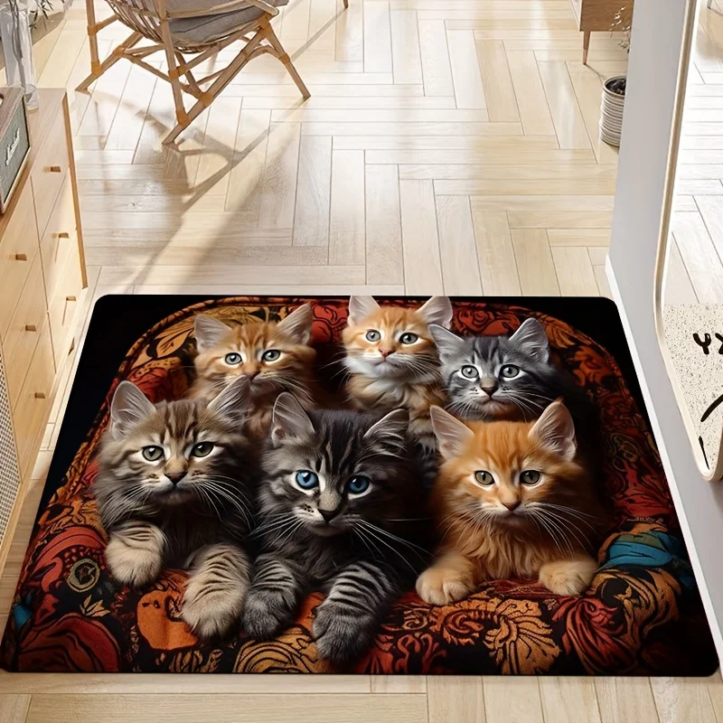 VIKAMA Cute Kitten Doormat Four Cats Animal Print Non Slip Washable Entrance Rug Cartoon Front Door Floor Mat Home Decor