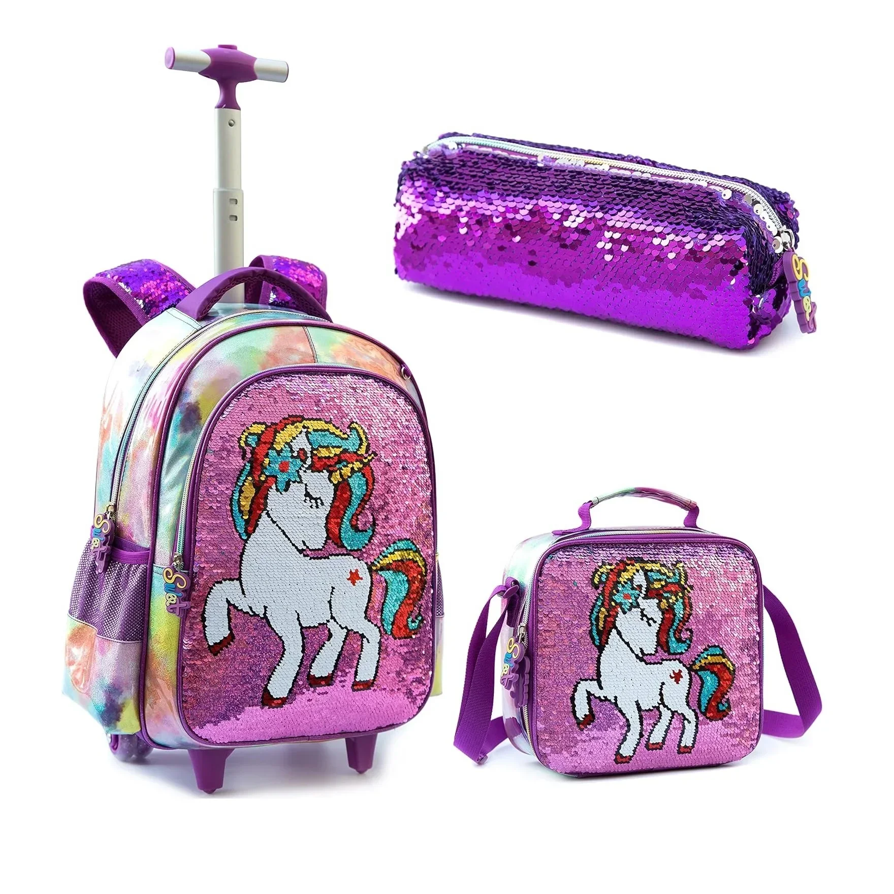 Mochila de lantejoulas com lancheira e estojos de lápis para estudantes elementares, mochila infantil de rodas para meninas de 16"