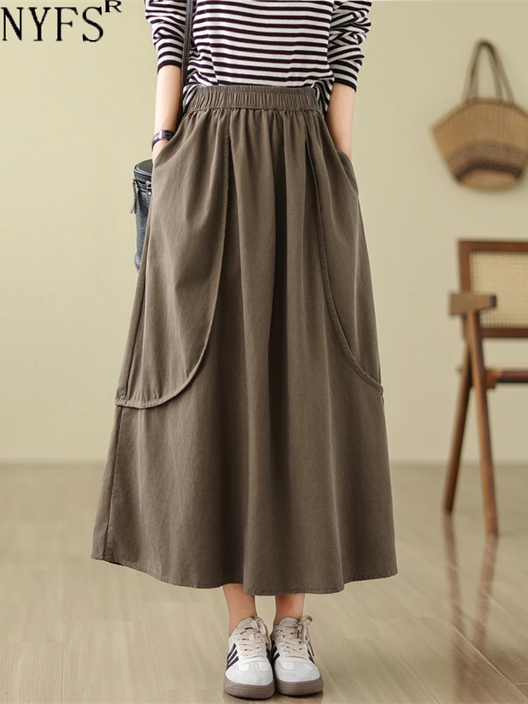 

NYFS 2023 Autumn New Vintage Women Skirts Faldas Mujer Saias Loose Plus Size High Waist Solid Long Skirt