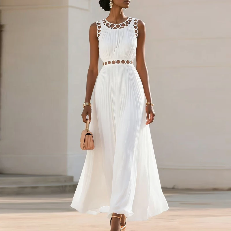 Szyfonowa sukienka maxi z wysokim stanem, plisowana, elegancka, w jednolitym kolorze, do pracy, codzienna, z dekoltem typu O, z wycięciami, bez rękawów, na imprezę.