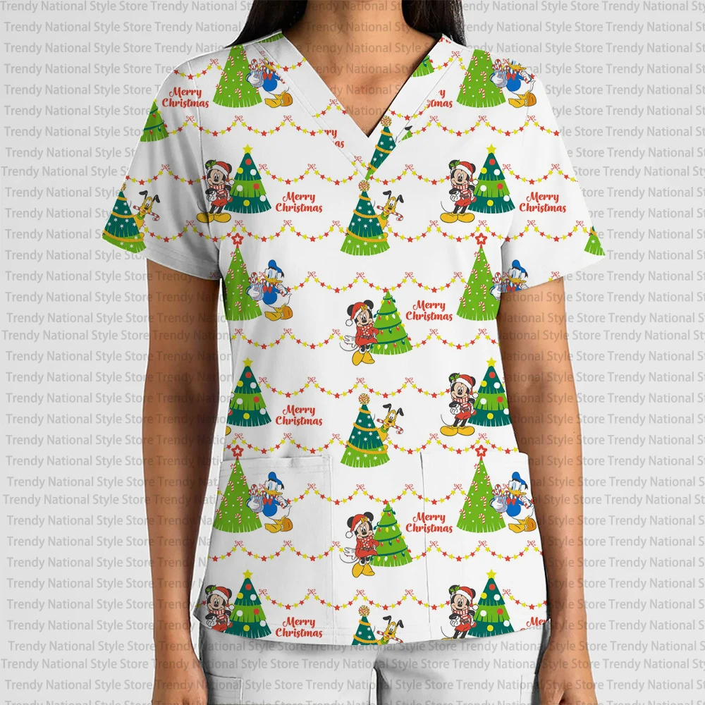 New Christmas Snowflake Mickey and Minnie Elegant Temperament Women's Work Uniform Print Frosted Top with V-Neck Pocket T-Shirt