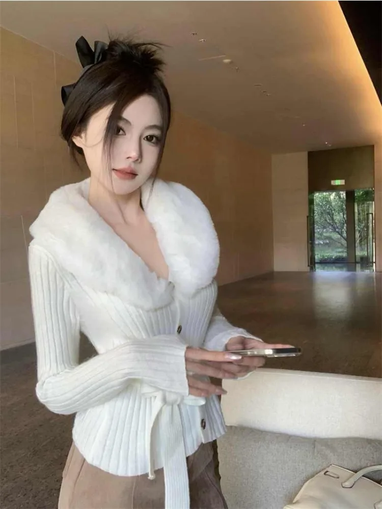 

Autumn and Winter Fashion New Women's Elegant Knitted Cardigan Korean Style High-end Waist Cinching Strap Flap Collar Jacket