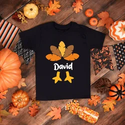 Personalized Custom Name Thanksgiving Tee kids Casual Crew Neck T-Shirt with Turkey Feathers Halloween Pumpkin Pattern Tops