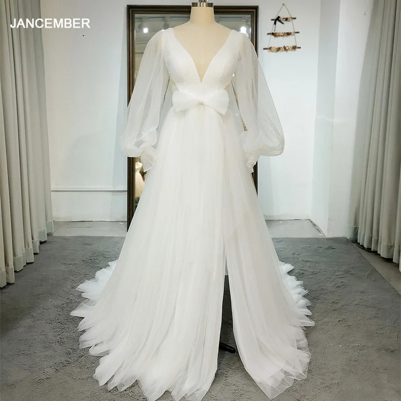 

Jancember V-neck A-line Wedding Dresses with Split Train Sequined Beading Luxury Vestidos De Novia Vintage Bridal Gowns QW01319