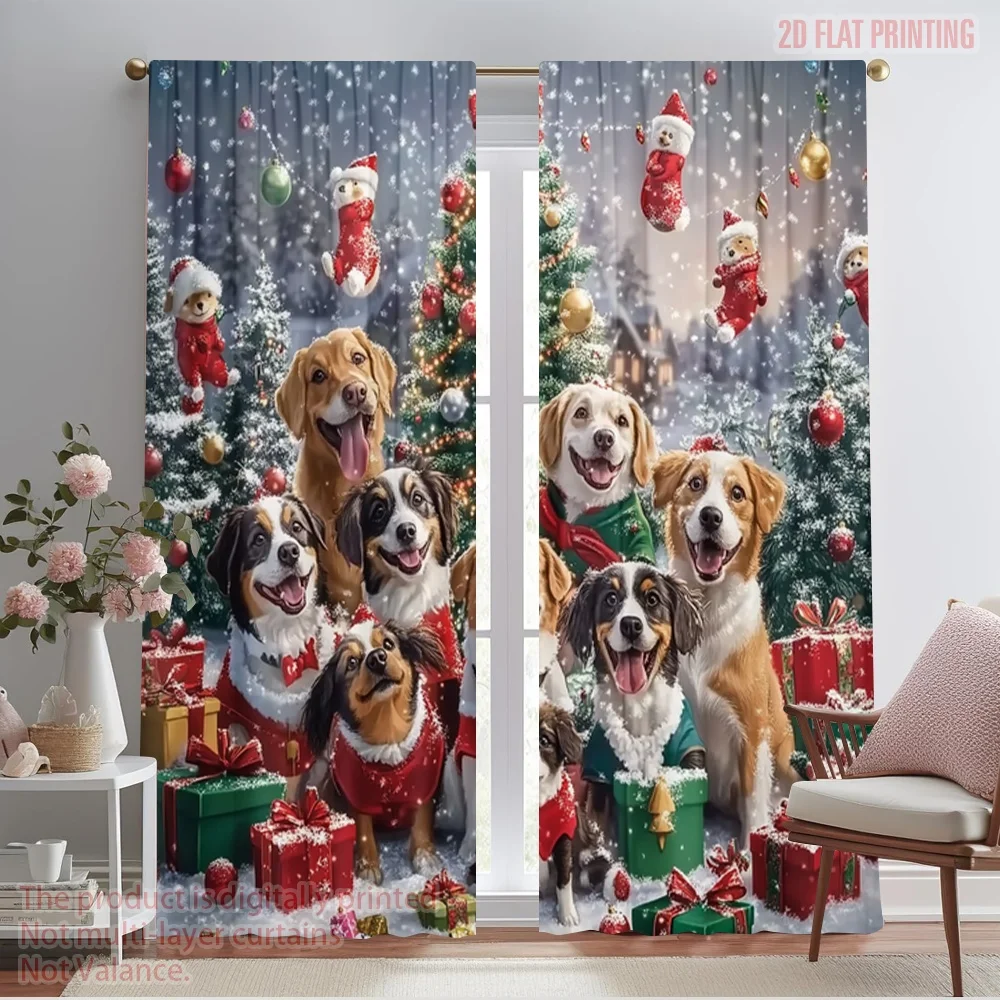 2pcs,2D plane printing Curtains Christmas Dogs Tree Snow (2) Polyester (without rod) Holiday for Various Room Types