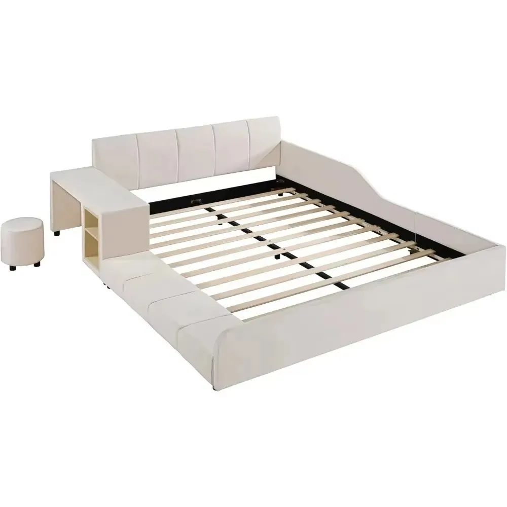 Cama tapizada tamaño Queen con mesita de noche y taburete, cabecero tapizado, estructura de cama con base de madera tapizada molida