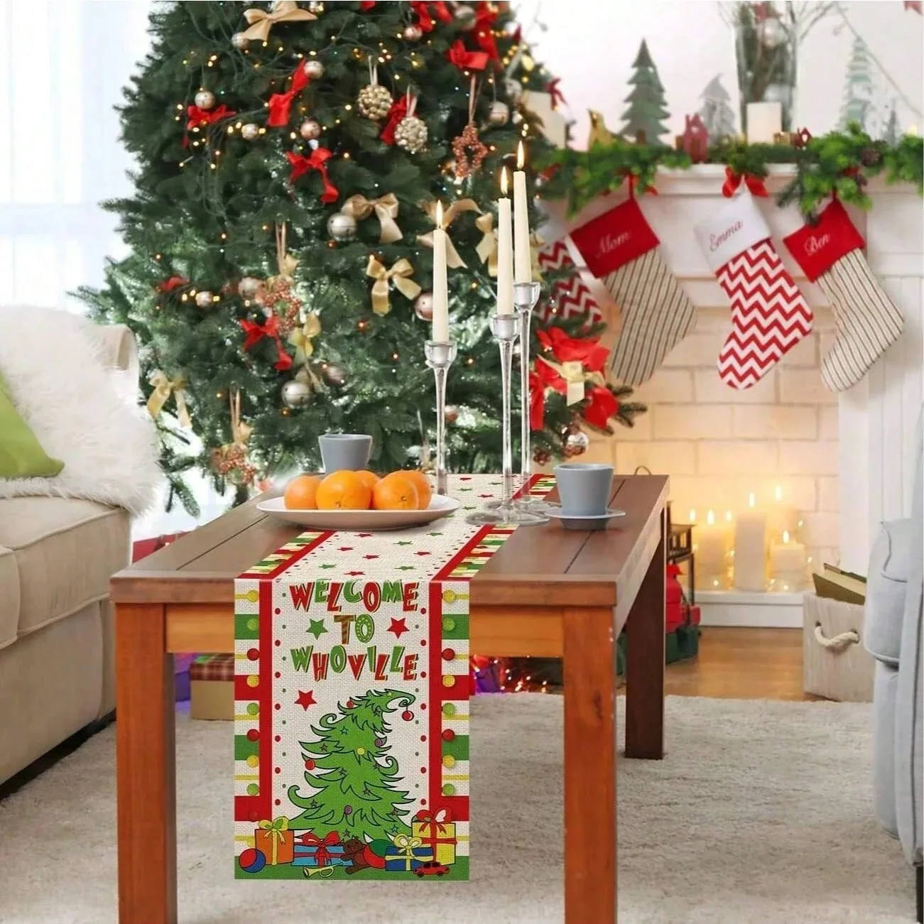 Camino de mesa Grinch con diseño de árbol Whoville, decoración de mesa caprichosa para mesa de comedor, decoración para fiestas navideñas, diseño divertido y duradero
