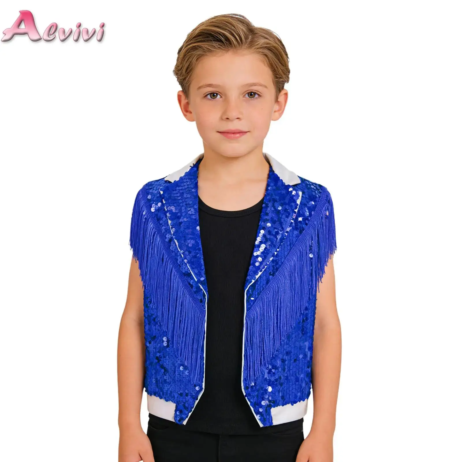 Kids Boys Girls Jazz Dance Party Stage Performance Costume Tassel Sparkling Sequin Vest Contrast Color Sleeveless Tops Waistcoat