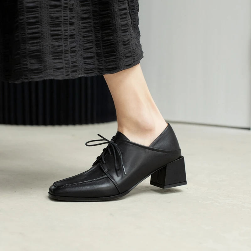 NEW Spring/Autumn Women Pumps Genuine Leather Shoes for Women Square Toe Chunky Heel Shoes Concise Sewing Lace-up Daily Shoes