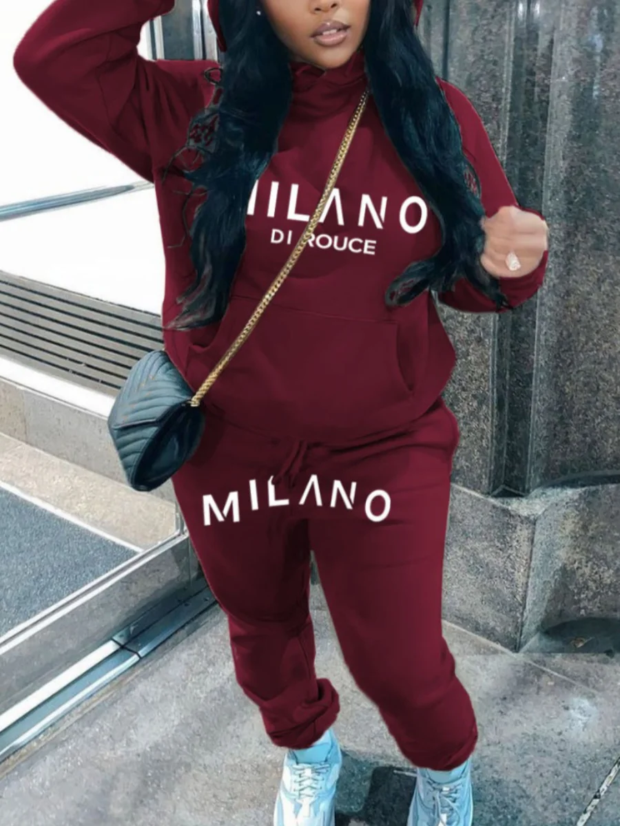 LW Plus Size Women Spring Wine Red Casual Two Pieces Set Hooded Collar Pattern Letter Print Kangaroo Pocket Design Tracksuit Set