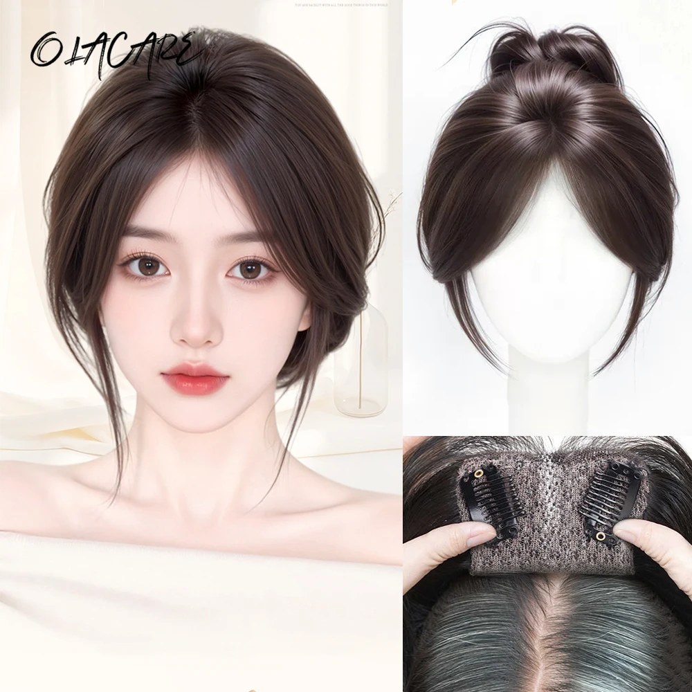 Natural Looking Seamless Fluffy Synthetic Hairpiece Middle Part Hair Toupee Bangs Straight Invisible for Women Topper Daily Wear