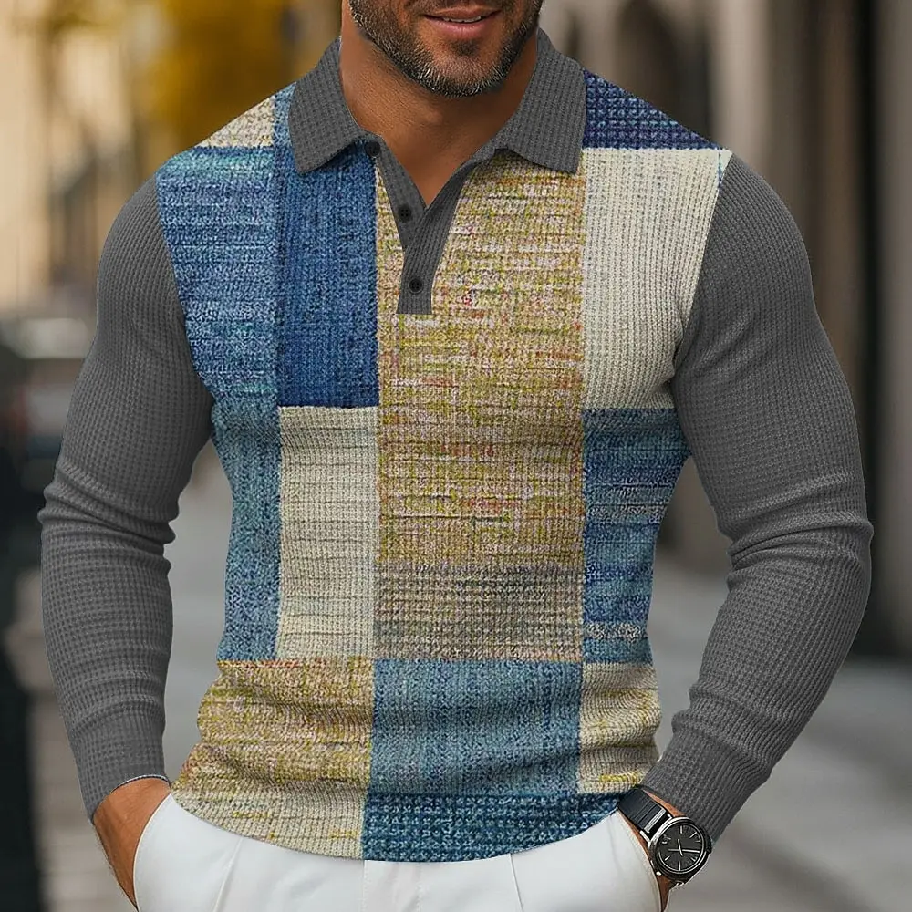 Men's Color Block Geometic Polo Shirt Long Sleeve Collared Shirts Casual Business Wear Daily Wear 3D Print Buttons Fall Winter