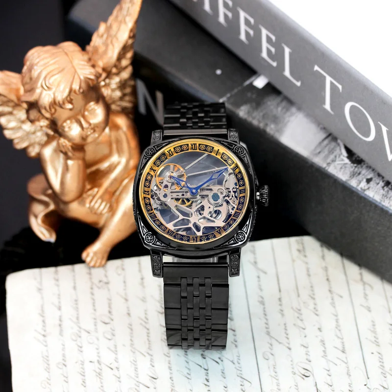 

A men's black steel band minimalist business starfish skeleton tourbillon fully automatic mechanical watch