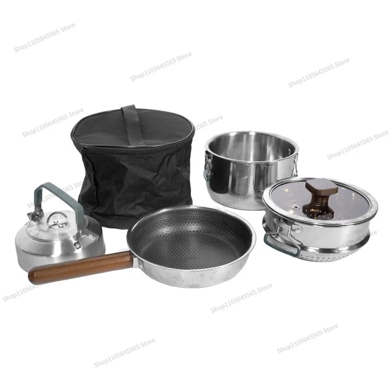 Portable 304 Food Grade Three-layer Stainless Steel Frying Pan, Wok, Soup Pot, Camping and Picnic Set