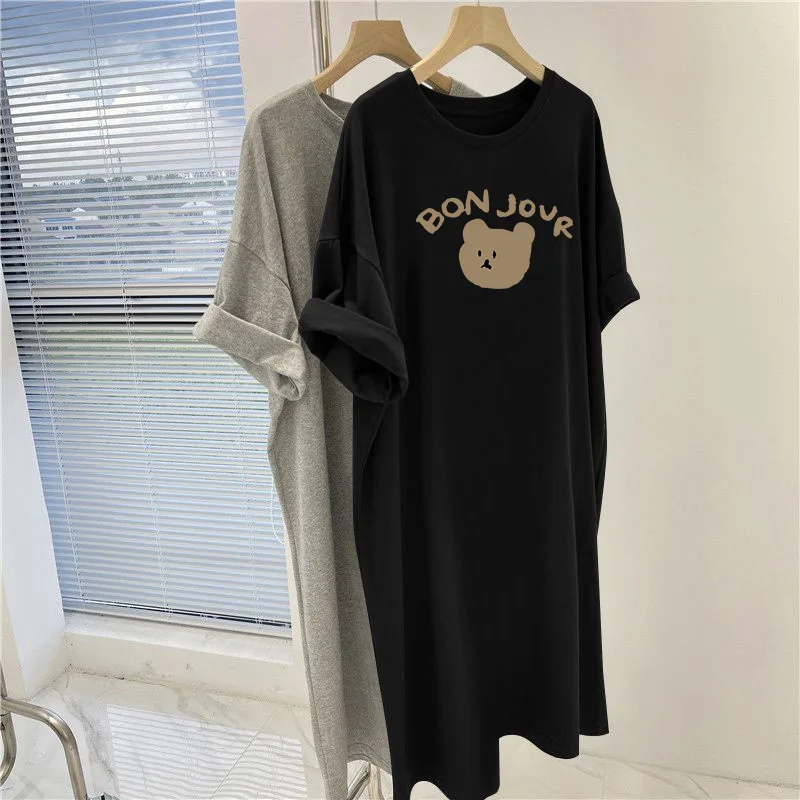 

Summer Cartoon Letter Printed Overknee Tunic, Women Clothing Vintage Basic Pullovers Dress, Loose Casual Short Sleeve Dresses