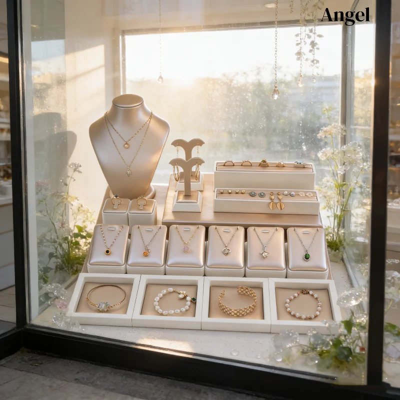 

Коллекция витрин торгового центра из кожи шампанского, универсальная витрина для ювелирных изделий с подносами и держателями для браслетов, ожерелий, колец,