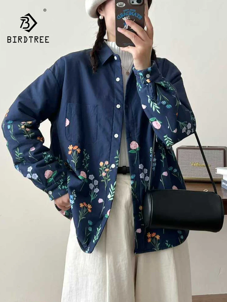 

Новая зимняя рубашка с хлопковой подкладкой 2025, женская рубашка с отложным воротником и цветочным принтом, Mori Girl Prairie Chic, теплая свободная верхняя одежда C5N830CC
