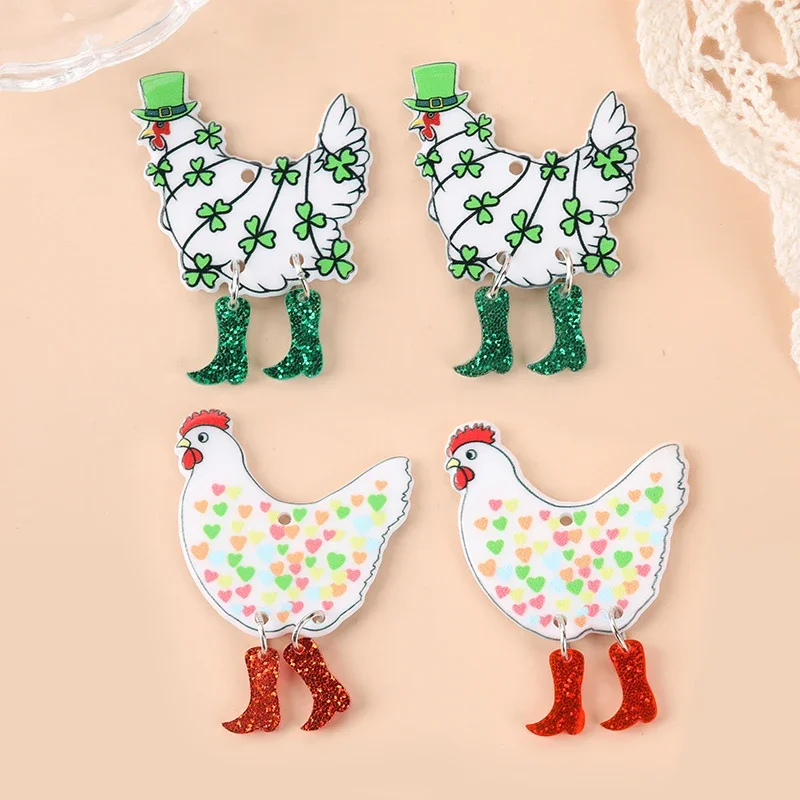 6Pcs St. Patrick's Day Animal Charms Funny Walking Chicken For Necklace Keychain Diy Making Accessories