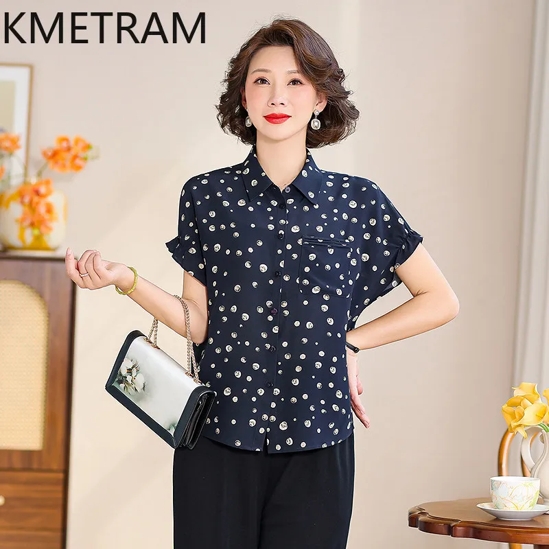 KMETRAM 100% Mulberry Silk Shirts for Women 2026 Summer New Polka Dot Pattern Short-sleeved Shirt Female Clothing Blusa Feminina