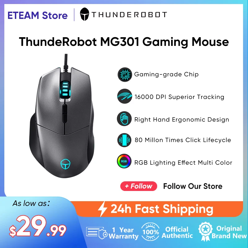 

ThundeRobot-MG301 Gaming Mouse, USB Wired Gamer, Kailh Fretting, 16000DPI, RGB Backlit, 6 Programmable Buttons for Gaming Laptop