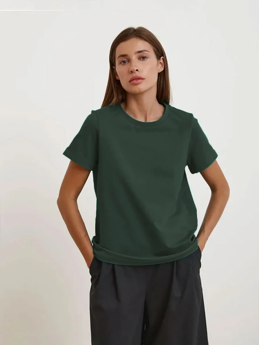 Summer Women's Basic Loose Short Sleeve T-shirt Home Versatile round Neck Top Comfortable Breathable Sweat Absorbent Pure Color