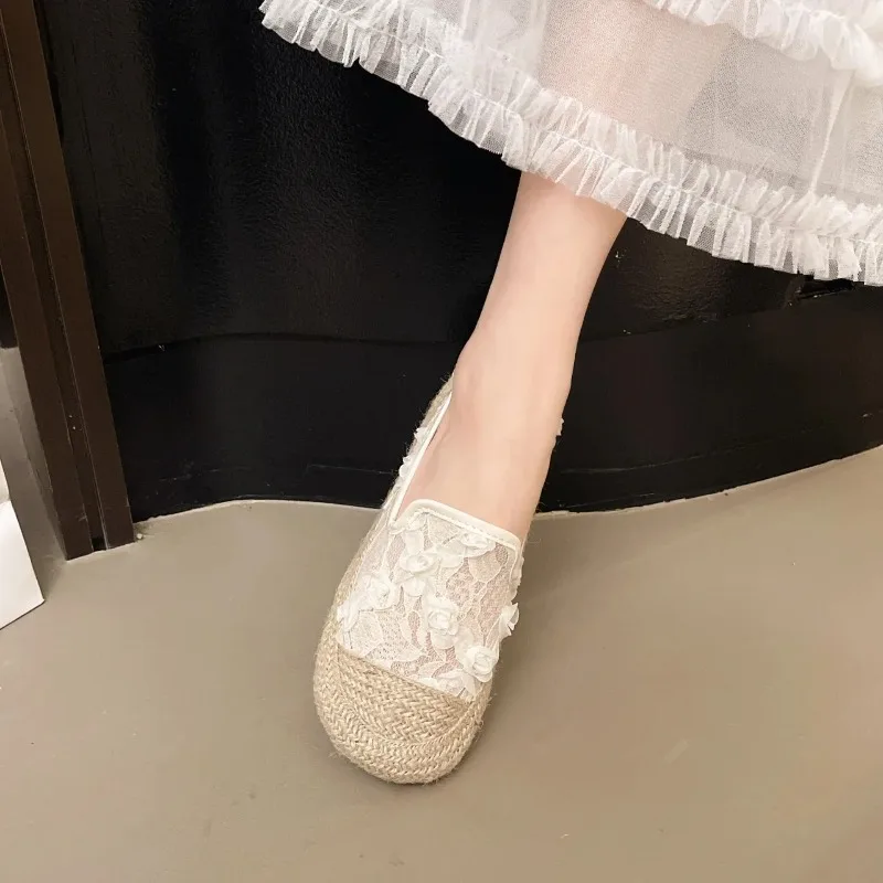 أحذية نسائية كاجوال سهلة الارتداء لامعة ترتر كتان مسطح القاع نمط صياد تنفس شبكة خمر أحذية الصيف الرجعية